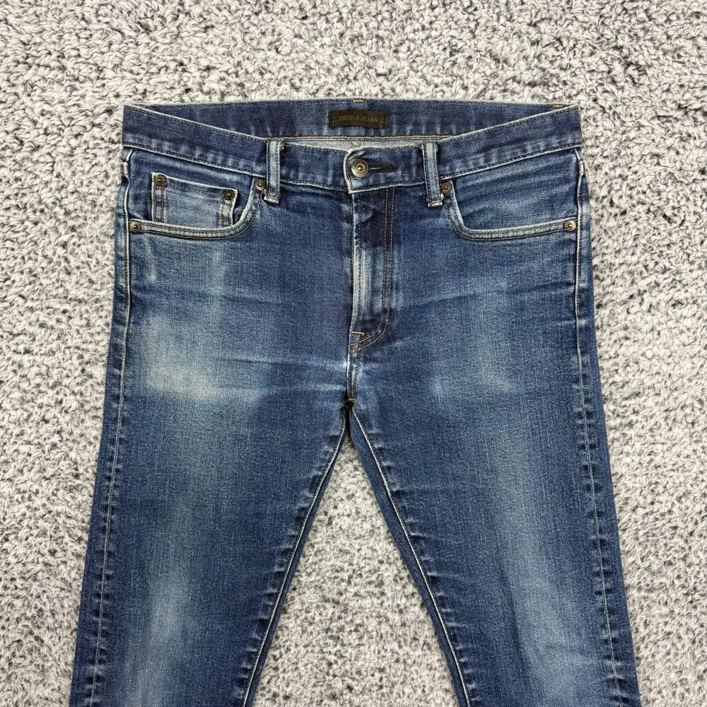 Uniqlo Selvedge Jeans Mens 31x32 Blue Dark Denim Slim Straight Faded Whiskers - Picture 3 of 15